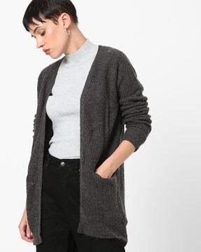 ribbed open-front cardigan with slip pocket