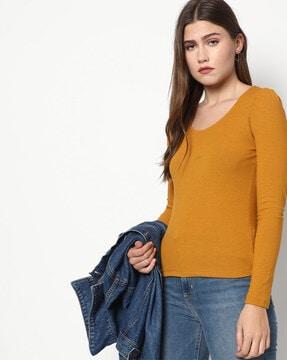 ribbed round-neck top with puffed sleeves