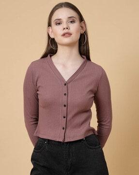 ribbed slim-fit button-down top