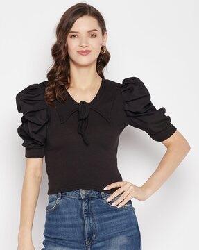 ribbed v-neck top with puff sleeves