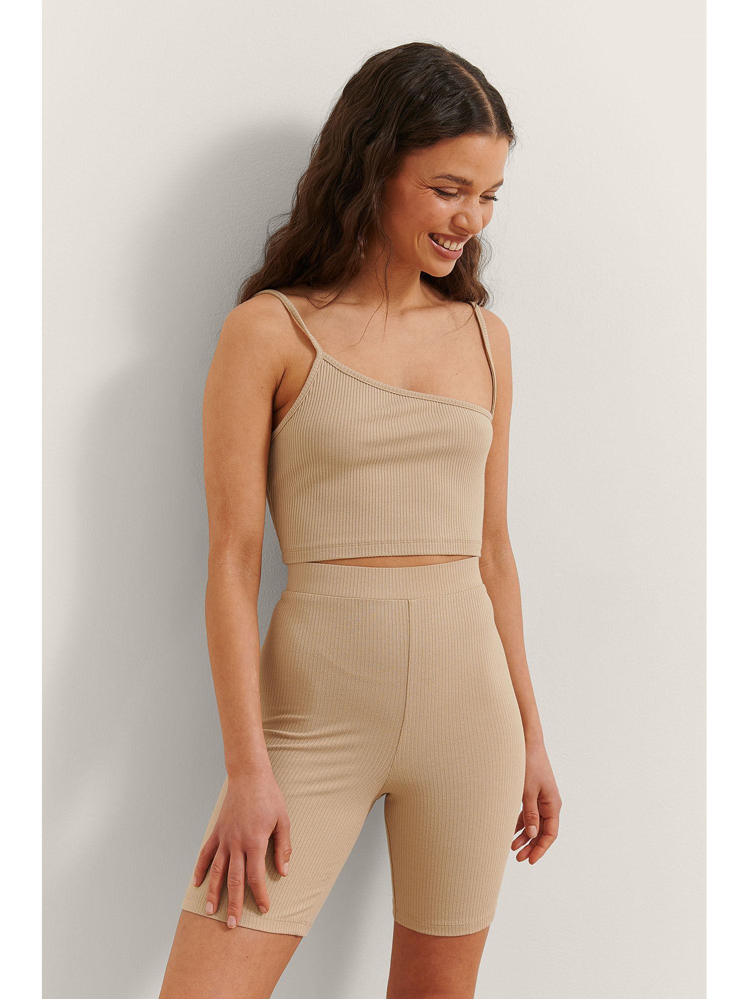 ribbed asymmetric crop top-beige