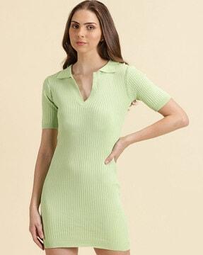 ribbed bodycon dress with spread collar