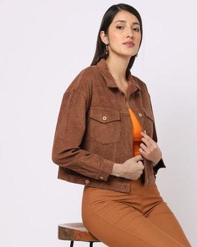ribbed button-down jacket with flap pockets