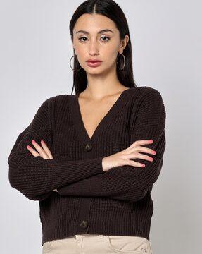 ribbed button-front cardigan