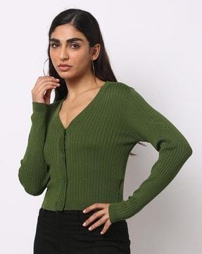 ribbed button-front cardigan
