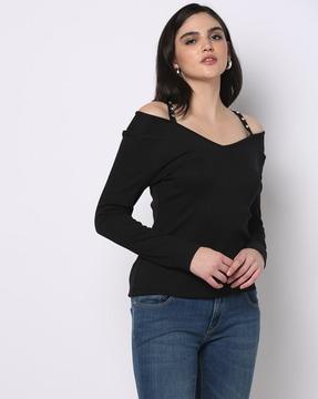 ribbed cold-shoulder sleeves top