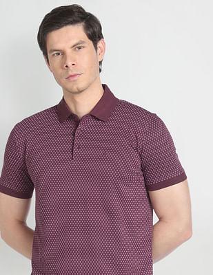 ribbed collar geometric print polo shirt