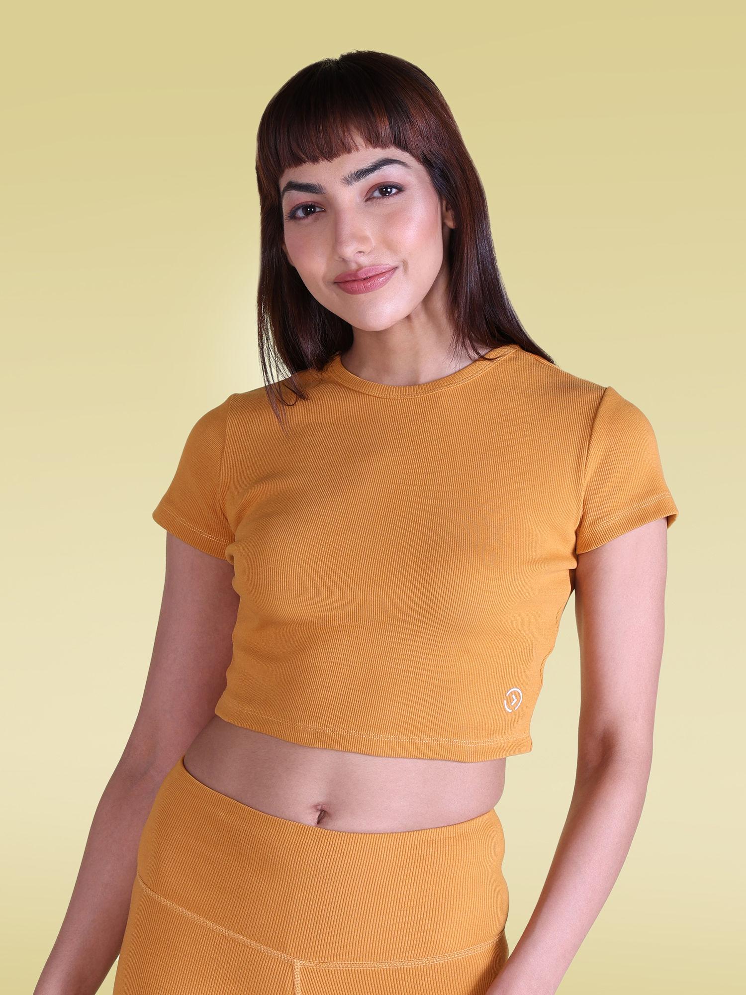 ribbed cotton half sleeve top for yoga