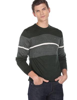 ribbed crew neck horizontal stripe sweater