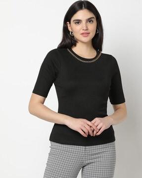 ribbed crew-neck top with metal chain accent