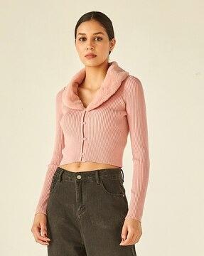 ribbed crop cardigan with shawl collar