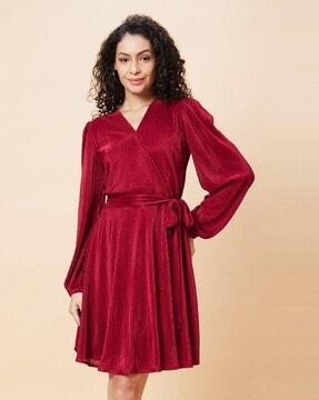 ribbed fit & flare dress with tie-up waist