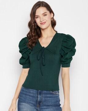 ribbed fitted top with puff sleeves