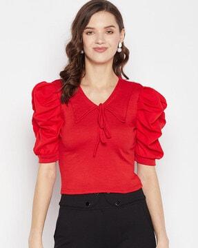 ribbed fitted top with puff sleeves