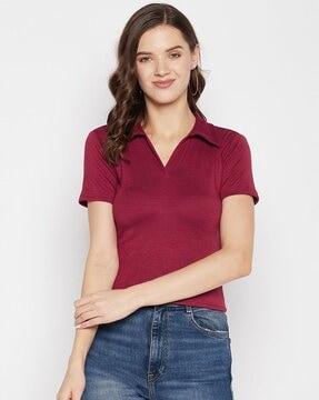 ribbed fitted top with spread collar