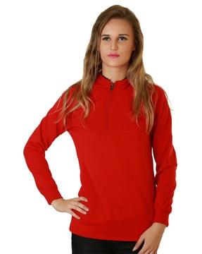 ribbed hem hoodie with zip front