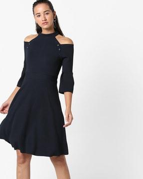 ribbed high-neck skater dress with cutouts