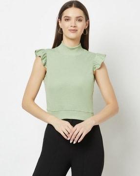 ribbed high-neck top with frilled detail