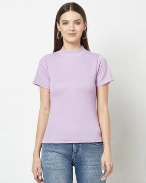 ribbed high-neck top with short sleeves