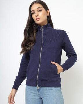 ribbed high-neck zip-front sweatshirt with pockets