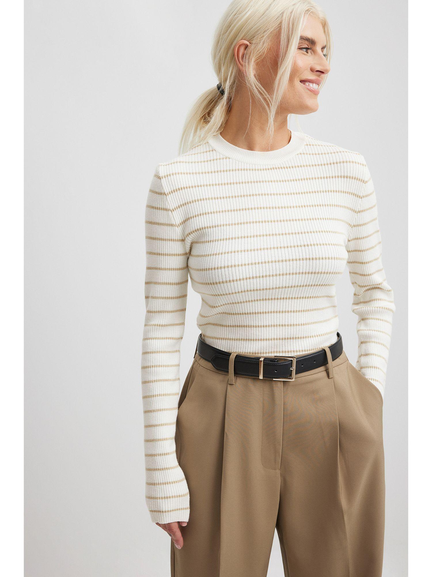 ribbed knitted round neck sweater beige stripe