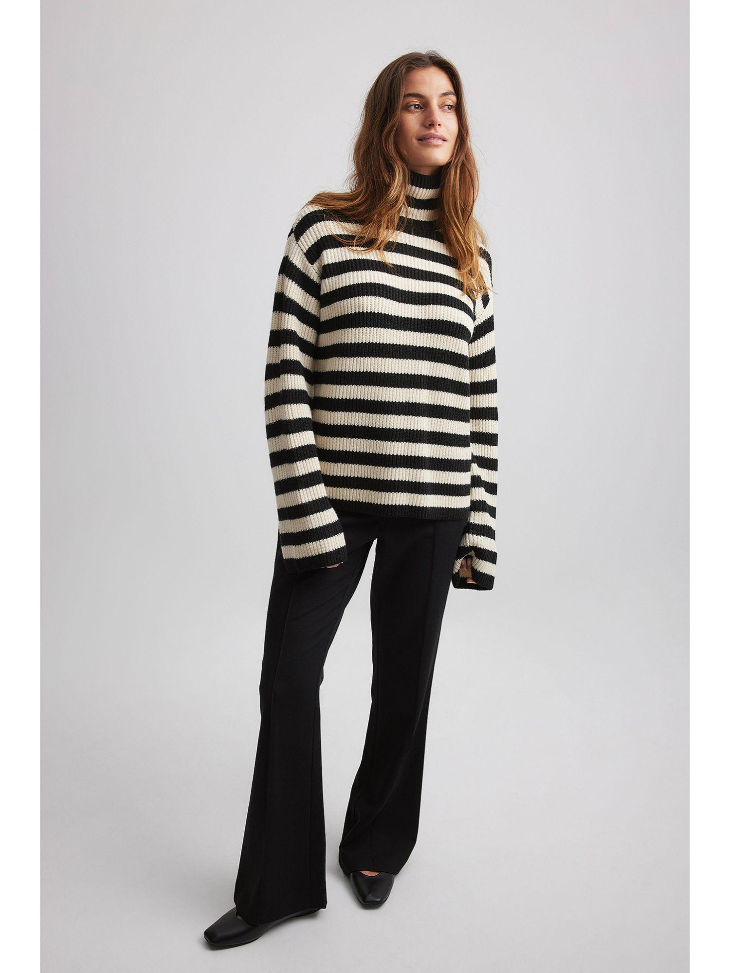 ribbed knitted striped polo sweater beige black stripe