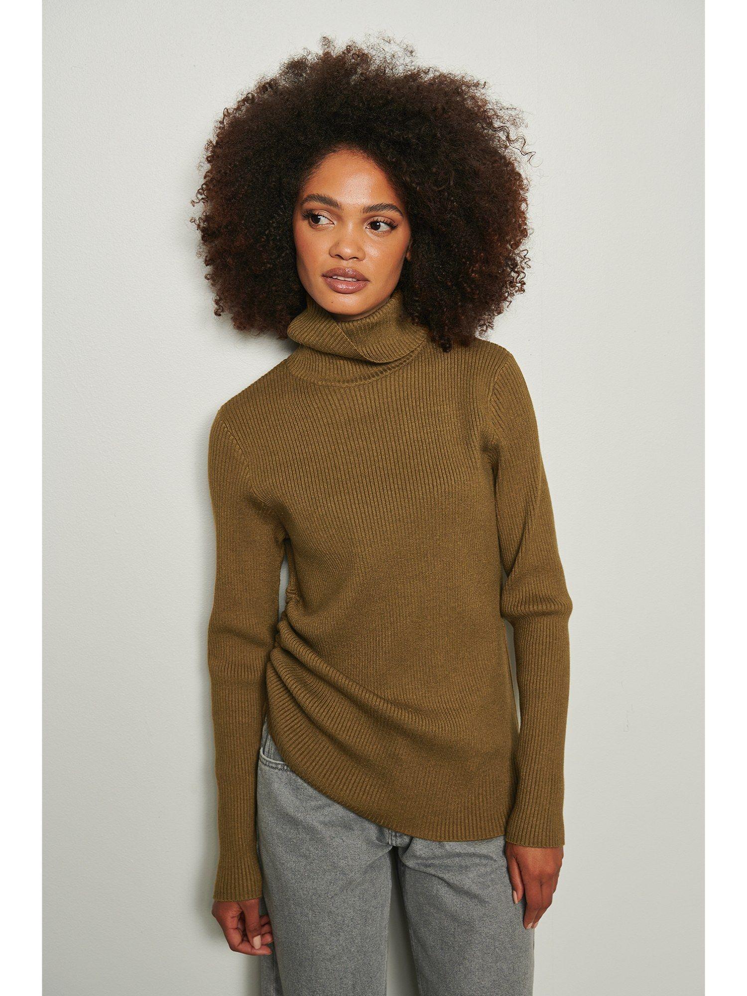 ribbed knitted turtle neck drawstring detailed swe khaki