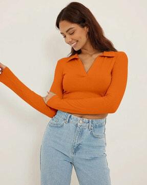 ribbed long-sleeves crop top