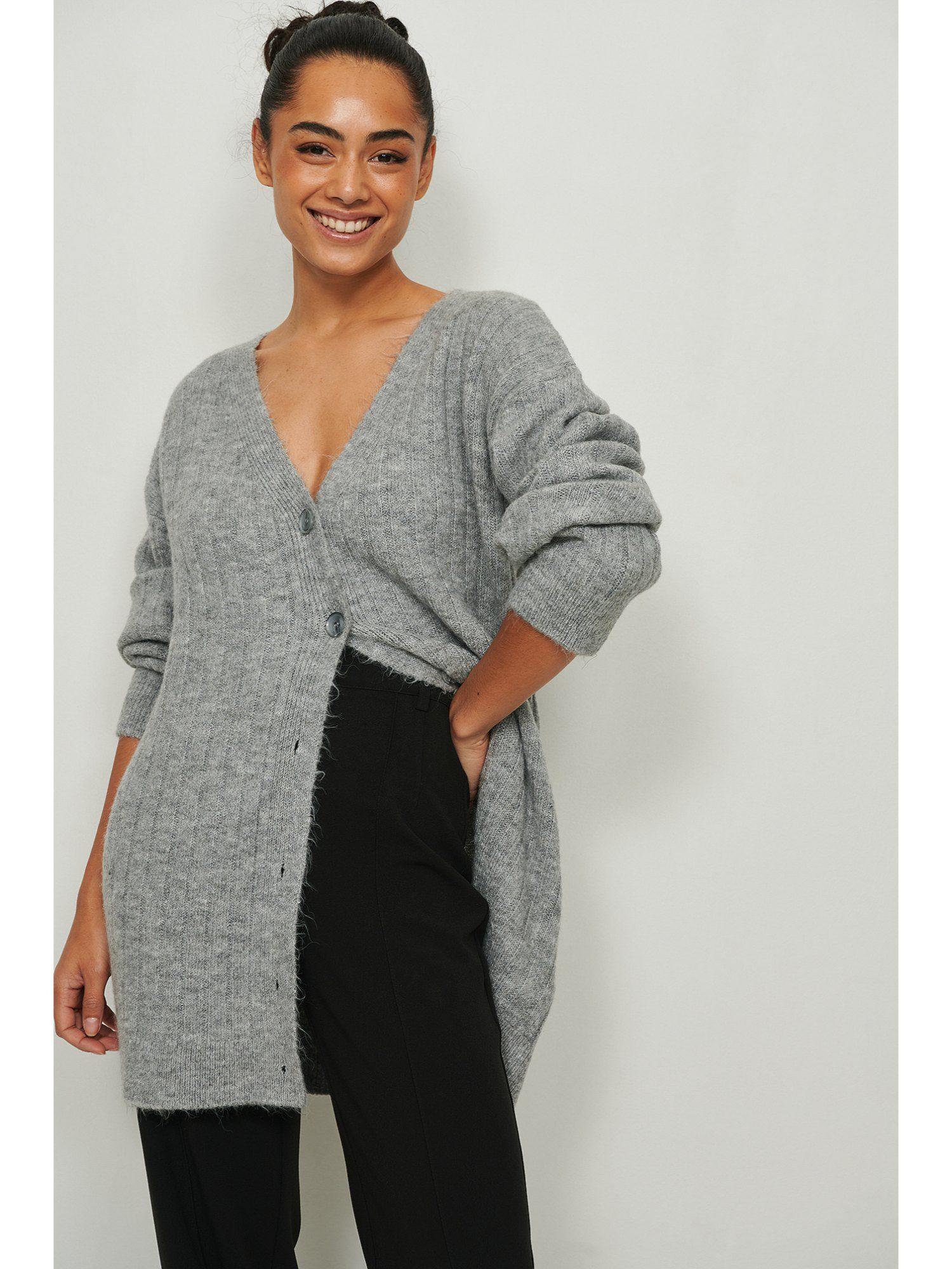 ribbed long v-neck knitted cardigan-grey melange