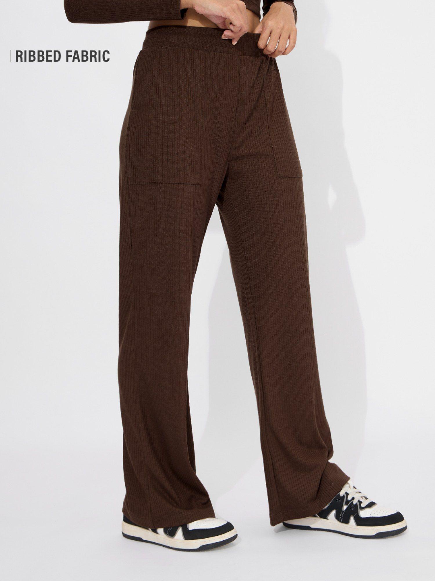 ribbed mocha brown solid women pant