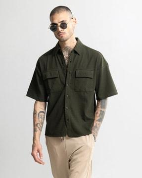 ribbed oversized fit shirt with flap pockets