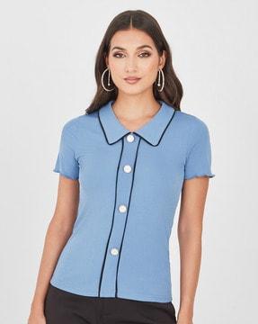 ribbed polo t-shirt with pearl button-down detail