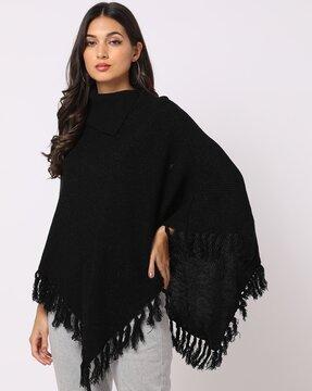 ribbed poncho with tassels