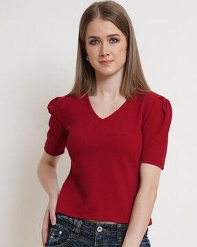 ribbed puff-sleeve top