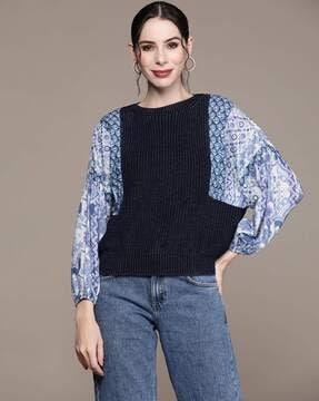 ribbed pullover with printed dolman sleeves