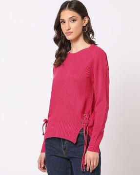 ribbed pullover with tie-ups