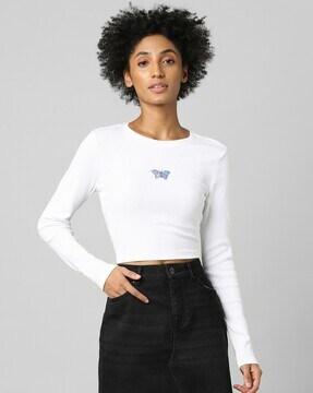 ribbed round-neck crop top with embroidery