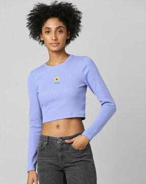 ribbed round-neck crop top with embroidery