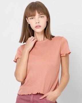 ribbed round-neck crop top with scalloped hem