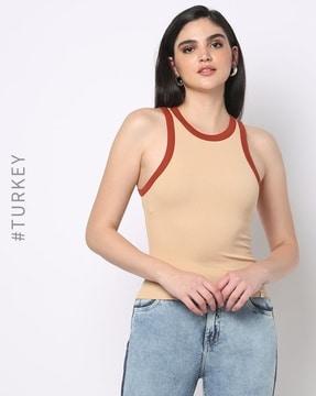 ribbed round-neck fitted tank top