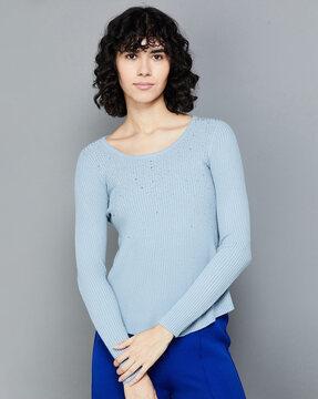 ribbed round-neck top with full sleeves