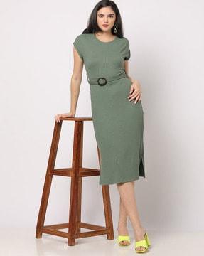 ribbed sheath dress with fabric belt