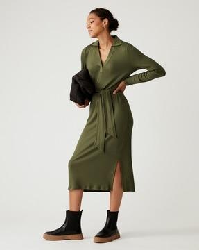 ribbed shift dress with front tie-up