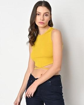 ribbed slim fit crop top with tie-up