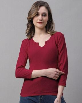 ribbed slim fit top with notched neckline