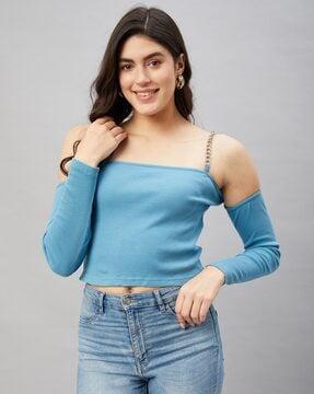 ribbed slim fit top with strappy shoulder