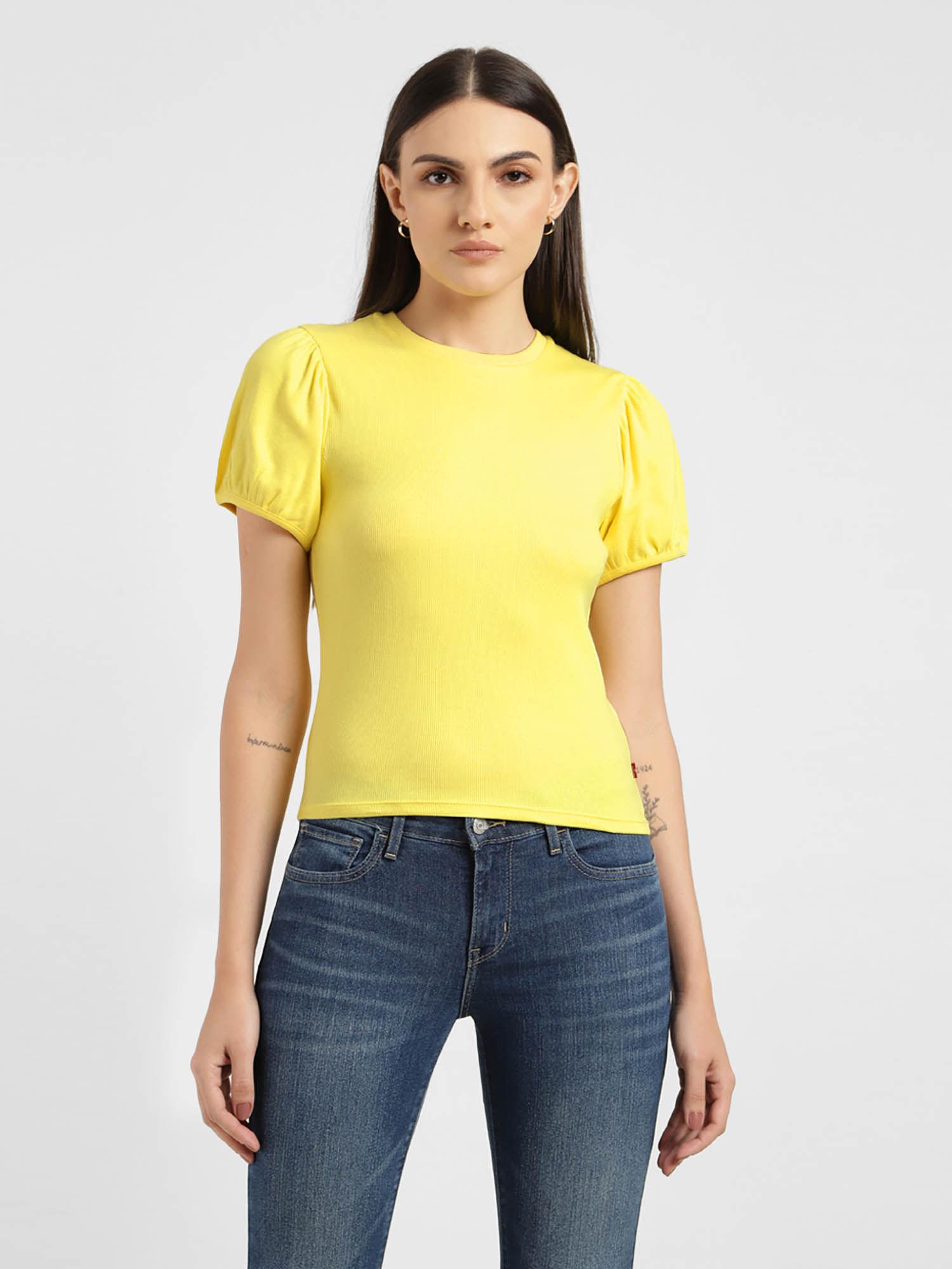 ribbed solid half sleeve regular top with gathered detailing