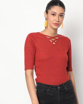 ribbed top with criss-cross neckline