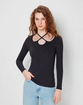 ribbed top with tie-up neckline