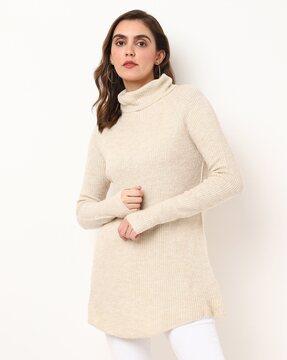 ribbed turtleneck pullover with raglan sleeves